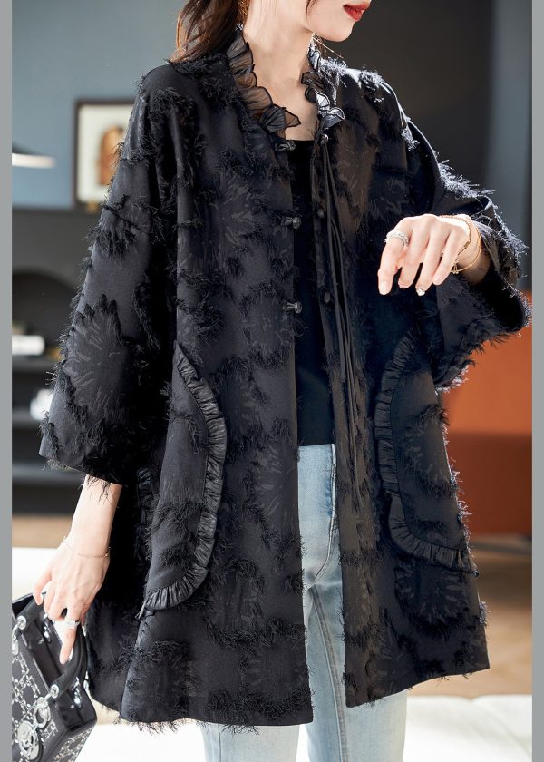 Fine Black Ruffled Patchwork Button Coat Spring - Image 3