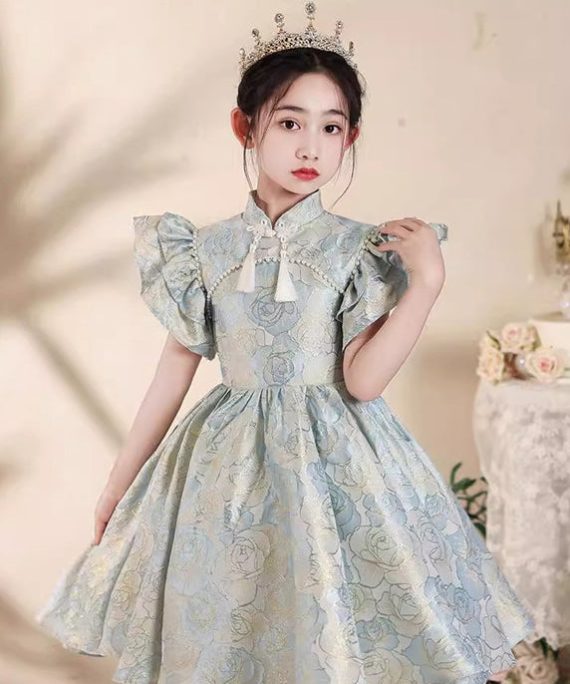 Fine Blue Stand Collar Button Tassel Kids Holiday Maxi Dress Short Sleeve