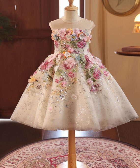 Fine Floral Sequins Patchwork Tulle Kids Maxi Dresses Summer