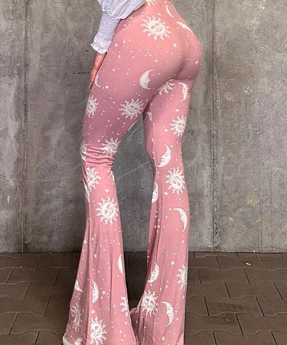 Fine Pink Tummy Control Print Flared Trousers Spring