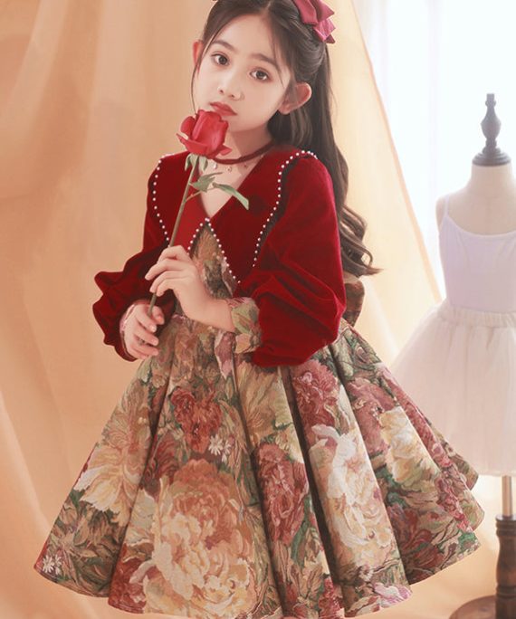 Fine Red Peter Pan Collar Print Nail Bead Kids Maxi Dress Spring