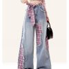 Fine Rose Asymmetrical Patchwork Denim Straight Pants Spring