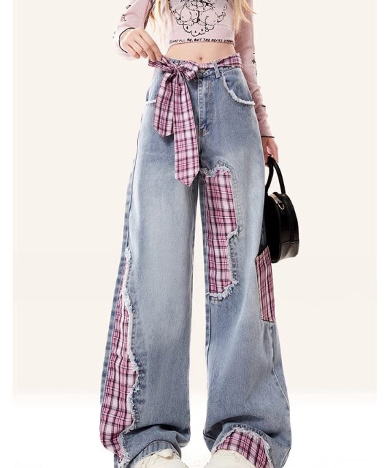 Fine Rose Asymmetrical Patchwork Denim Straight Pants Spring