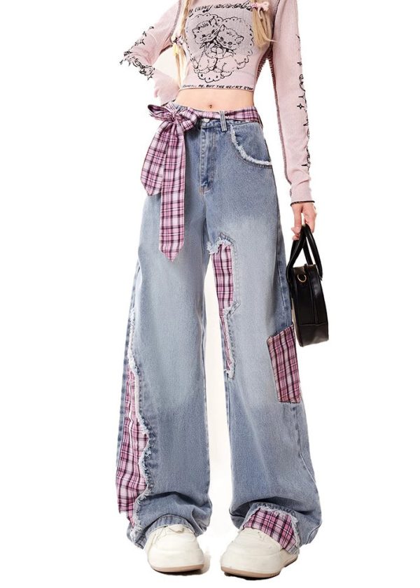 Fine Rose Asymmetrical Patchwork Denim Straight Pants Spring - Image 2