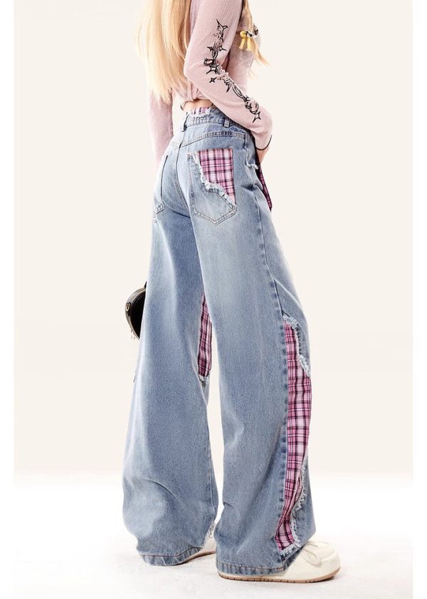Fine Rose Asymmetrical Patchwork Denim Straight Pants Spring - Image 3