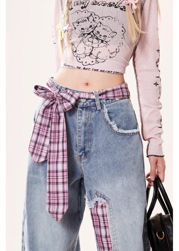 Fine Rose Asymmetrical Patchwork Denim Straight Pants Spring - Image 5