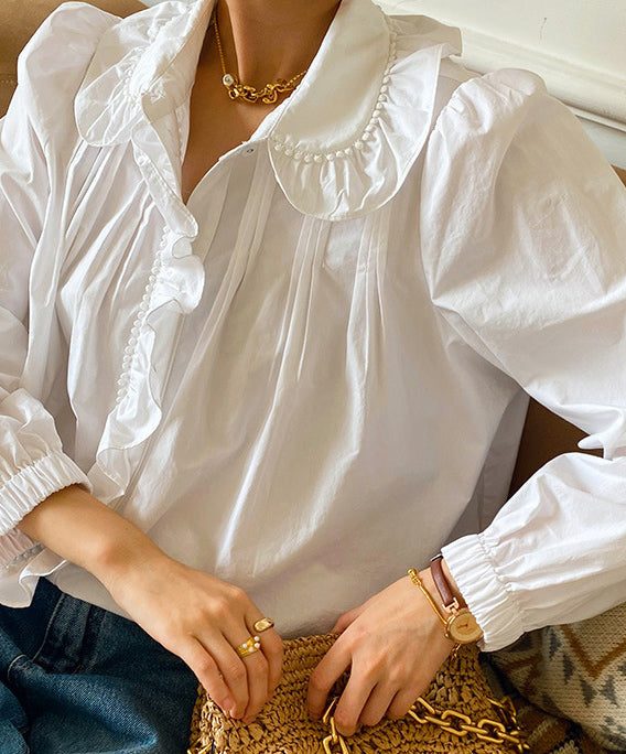 Fine White Peter Pan Collar Ruffled Patchwork Cotton Shirts Spring