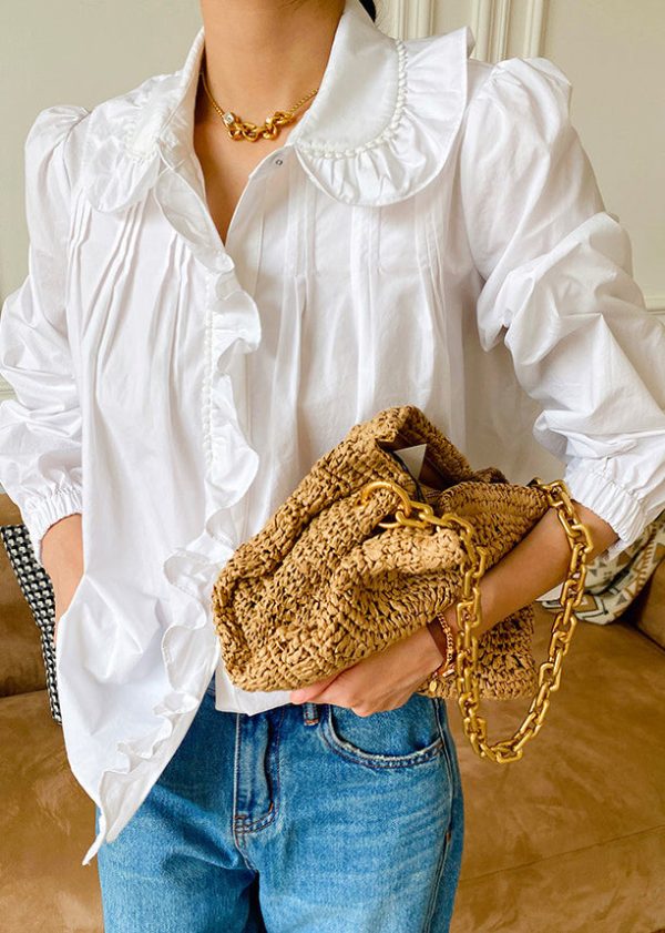 Fine White Peter Pan Collar Ruffled Patchwork Cotton Shirts Spring - Image 2
