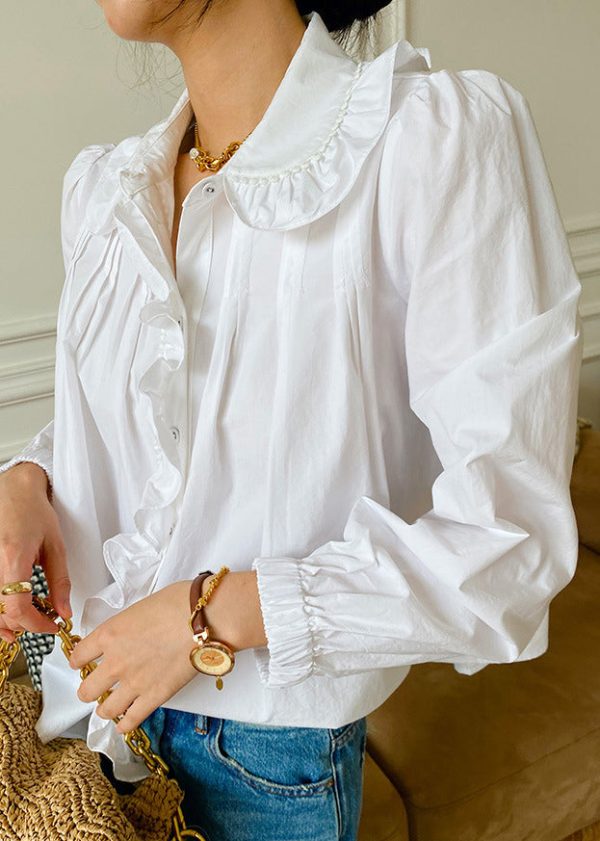 Fine White Peter Pan Collar Ruffled Patchwork Cotton Shirts Spring - Image 4