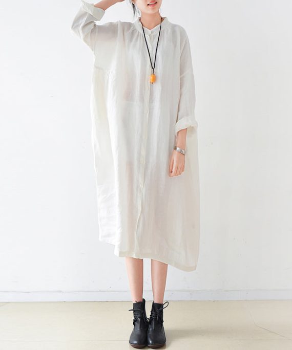 Fine White linen shirt dresses plus size women dress 2025 autumn