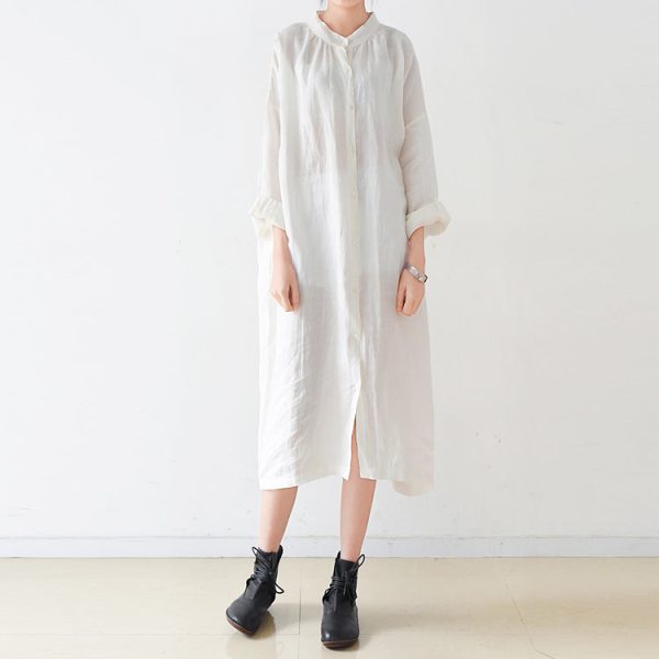 Fine White linen shirt dresses plus size women dress 2025 autumn - Image 2