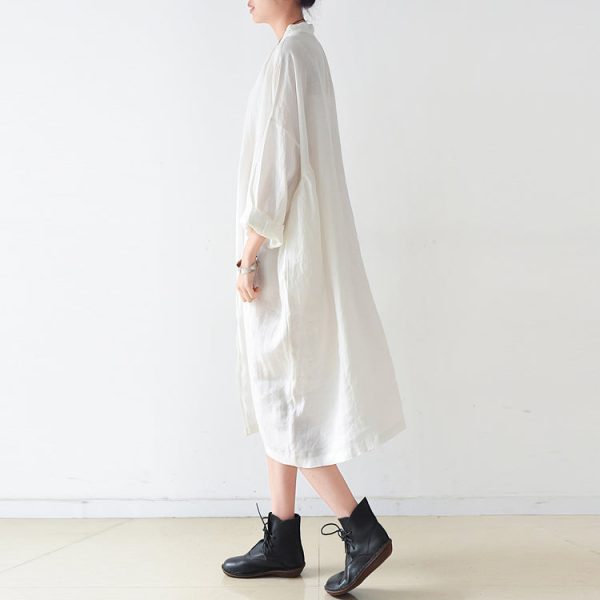 Fine White linen shirt dresses plus size women dress 2025 autumn - Image 3