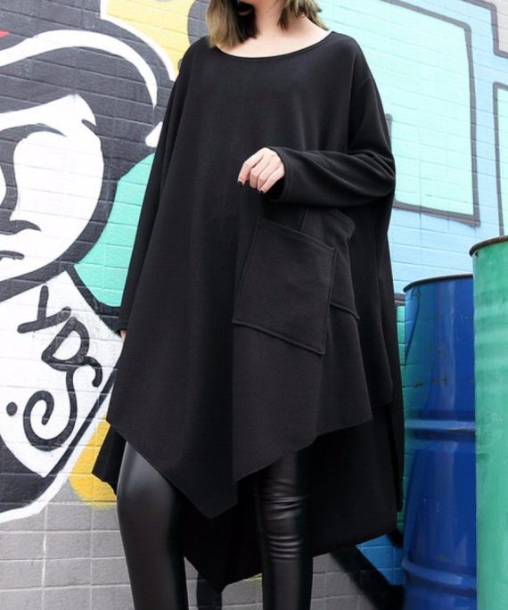 Fine black cotton silk dress plussize asymmetric hem traveling dress boutique o neck gown