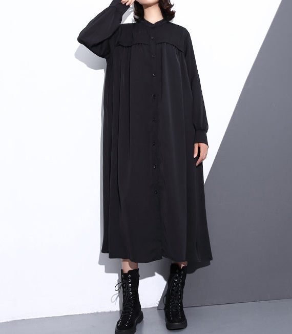 Fine black long silk cotton blended dress oversized stand collar traveling dress vintage pockets Cinched dresses