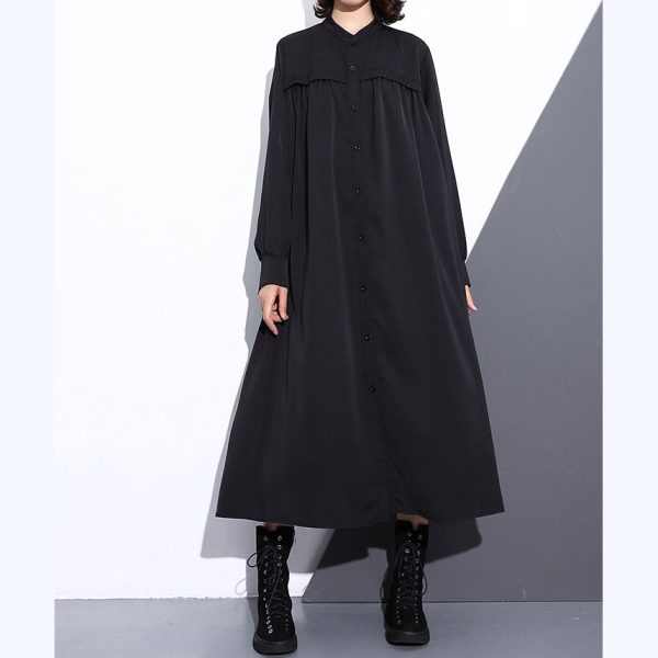 Fine black long silk cotton blended dress oversized stand collar traveling dress vintage pockets Cinched dresses - Image 2