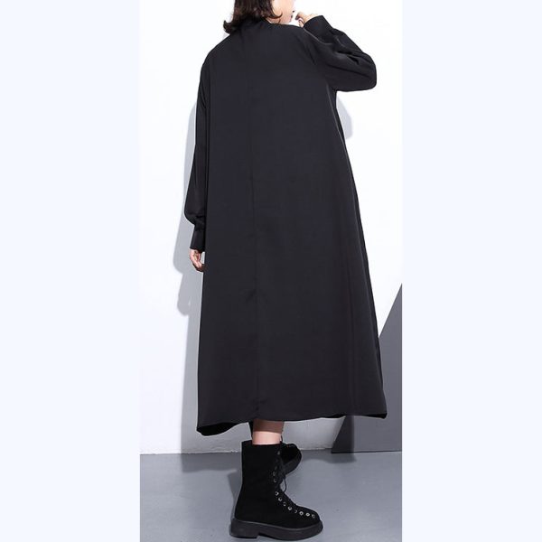 Fine black long silk cotton blended dress oversized stand collar traveling dress vintage pockets Cinched dresses - Image 4