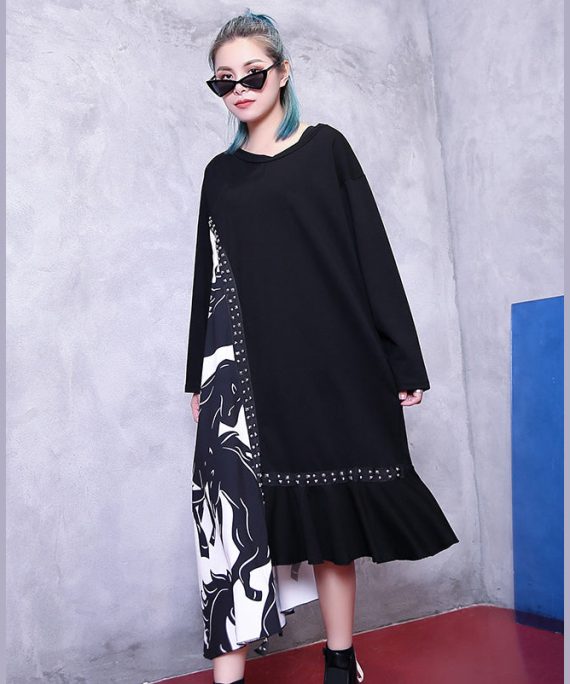 Fine black natural plus size clothing dress patchwork asymmetrical design Elegant v neck baggy dresses