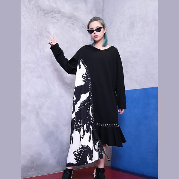 Fine black natural plus size clothing dress patchwork asymmetrical design Elegant v neck baggy dresses - Image 2