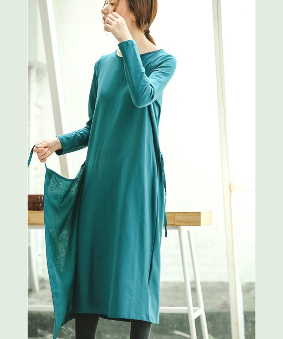 Fine blue plus size clothing dresses tie waist asymmetrical design Fine O neck midi dress