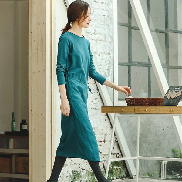 Fine blue plus size clothing dresses tie waist asymmetrical design Fine O neck midi dress - Image 4