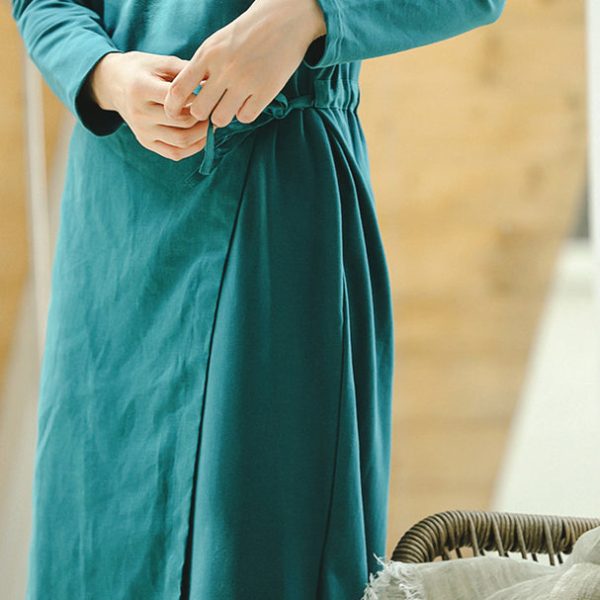 Fine blue plus size clothing dresses tie waist asymmetrical design Fine O neck midi dress - Image 5