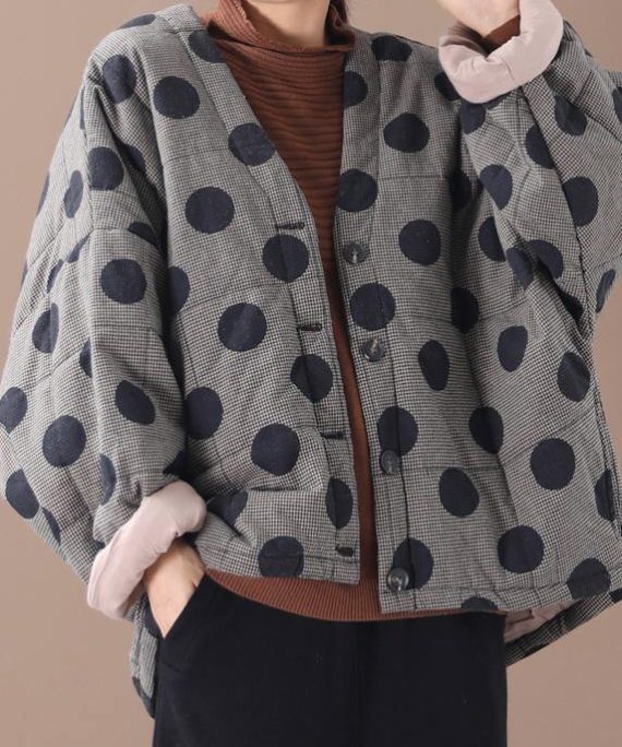 Fine plus size clothing jackets black plaid dotted v neck Button Down women parka