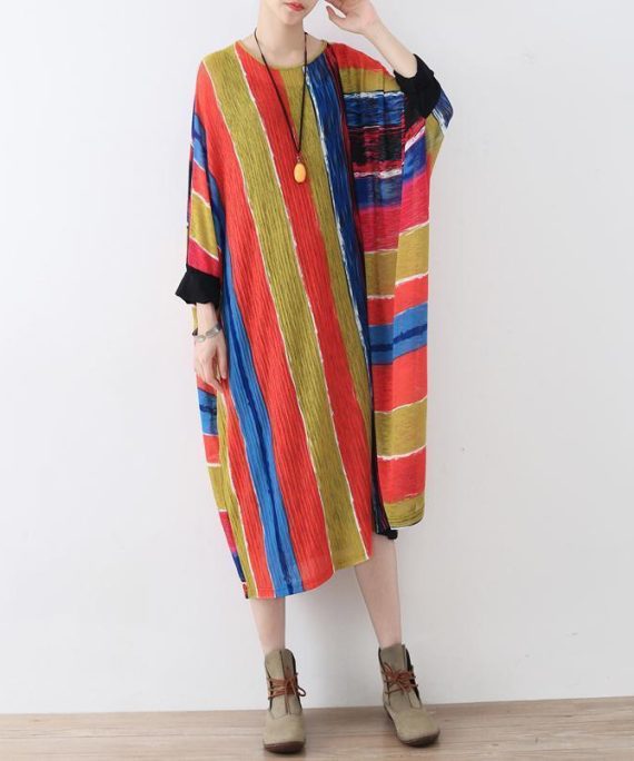 Fine rainbow natural linen dress oversize striped traveling dress Elegant asymmetrical kaftans