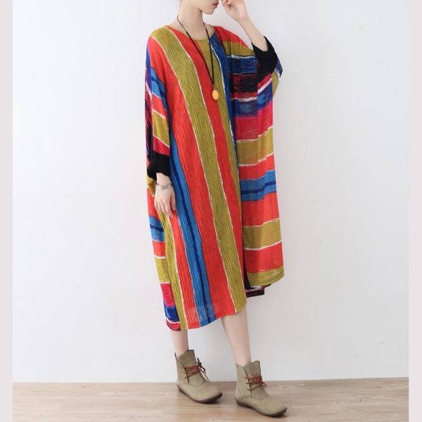 Fine rainbow natural linen dress oversize striped traveling dress Elegant asymmetrical kaftans - Image 2