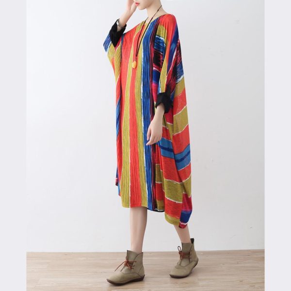 Fine rainbow natural linen dress oversize striped traveling dress Elegant asymmetrical kaftans - Image 3