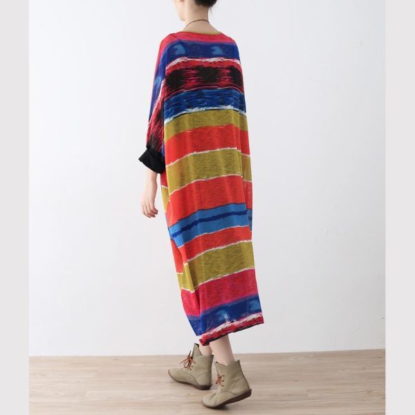 Fine rainbow natural linen dress oversize striped traveling dress Elegant asymmetrical kaftans - Image 4