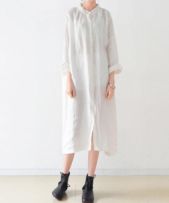 Fine white Ramine linen dresses plus size 2025 fall linen shirt dress