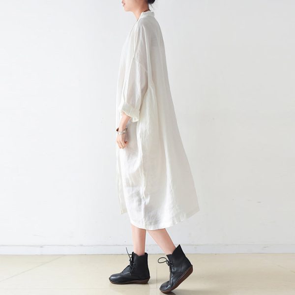 Fine white Ramine linen dresses plus size 2025 fall linen shirt dress - Image 3