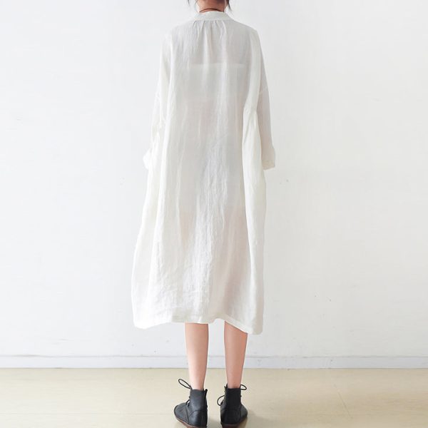 Fine white Ramine linen dresses plus size 2025 fall linen shirt dress - Image 4
