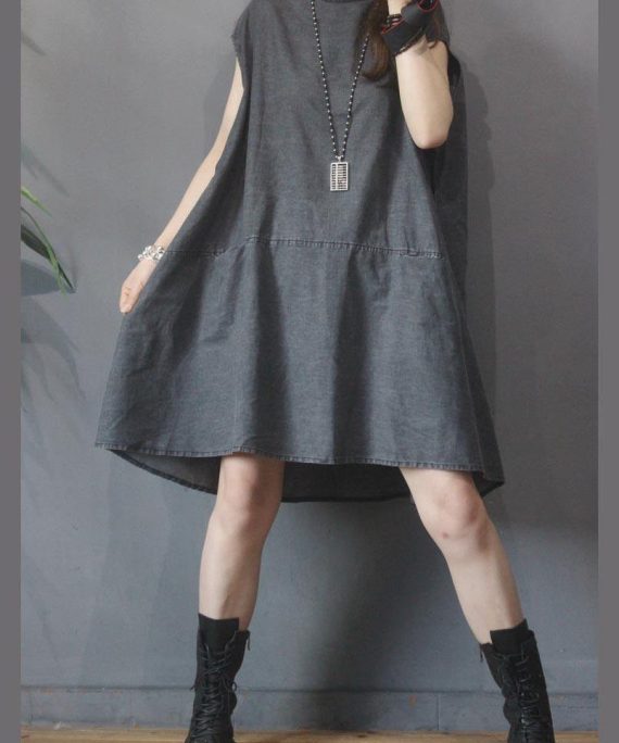 Fitted Black Grey O-Neck low high design Summer Denim Mid Dress