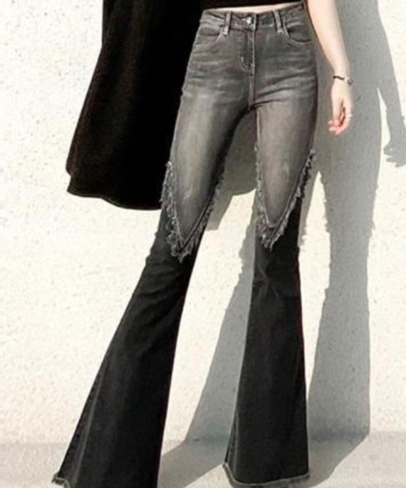 Fitted Black Tasseled Patchwork Denim Flare Bottom Spring