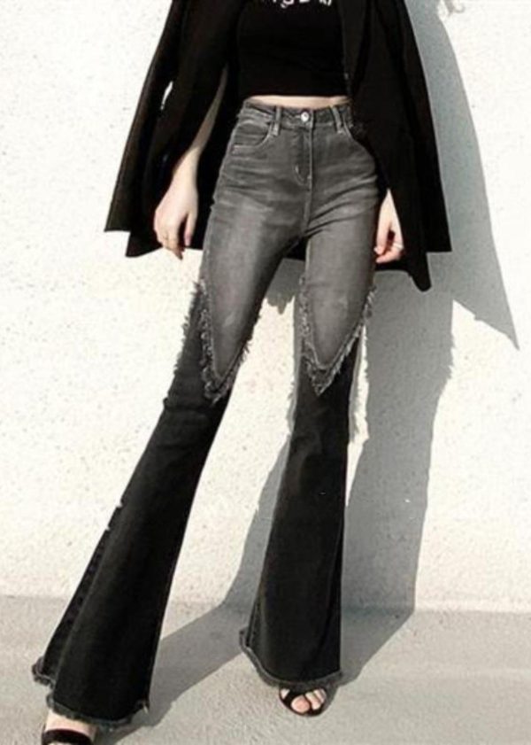 Fitted Black Tasseled Patchwork Denim Flare Bottom Spring - Image 5