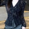 Fitted Black V Neck Flocking Lace Top Spring