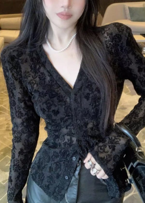 Fitted Black V Neck Flocking Lace Top Spring - Image 4