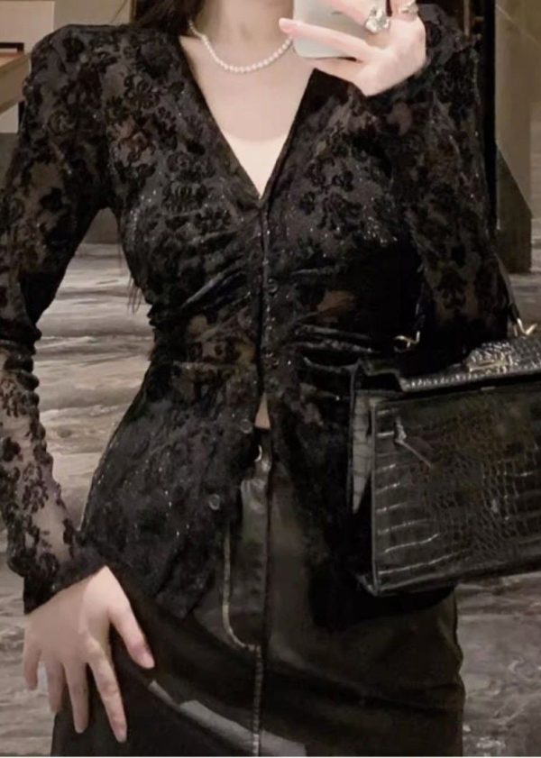 Fitted Black V Neck Flocking Lace Top Spring - Image 5