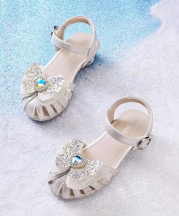 Fitted Buckle Strap Sandals Silver Kids Girls Faux Leather Zircon