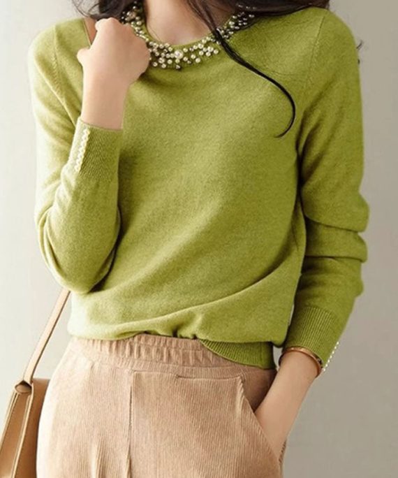 Fitted Green O Neck Nail Bead Cashmere Knit Shirts Spring