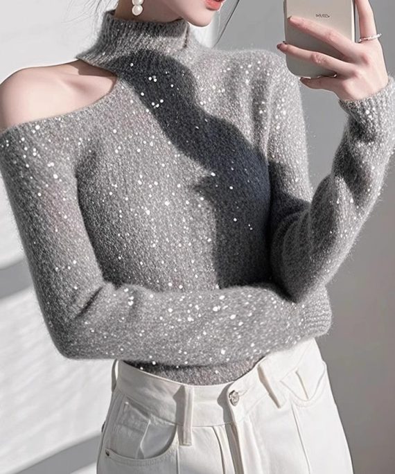 Fitted Grey Cold Shoulder Sequins Knit Sweaters Spring