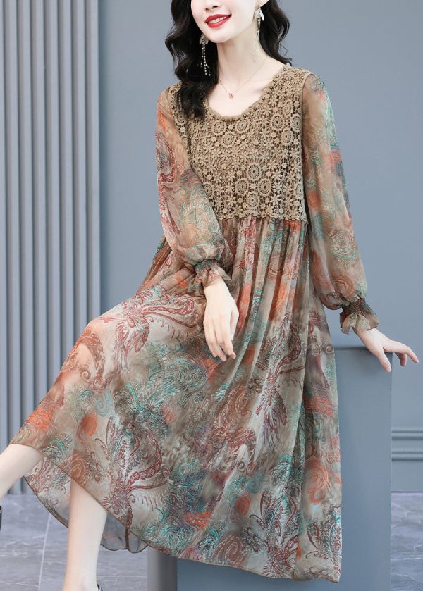 Fitted O-Neck Print Lace Patchwork Chiffon Party Dress lantern sleeve - Image 2