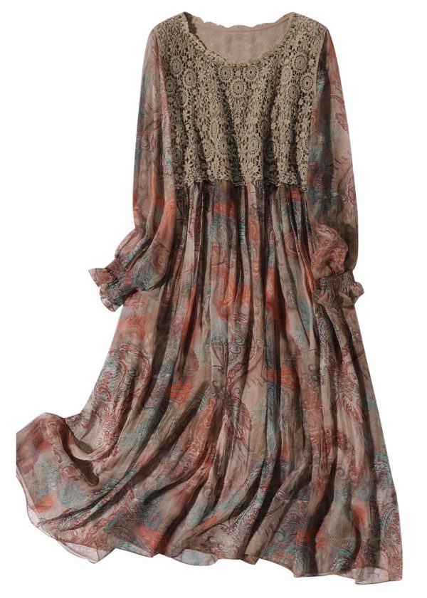 Fitted O-Neck Print Lace Patchwork Chiffon Party Dress lantern sleeve - Image 5