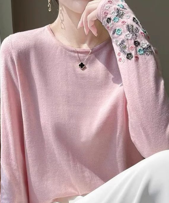 Fitted Pink Embroidered Thin Woolen Sweaters Spring