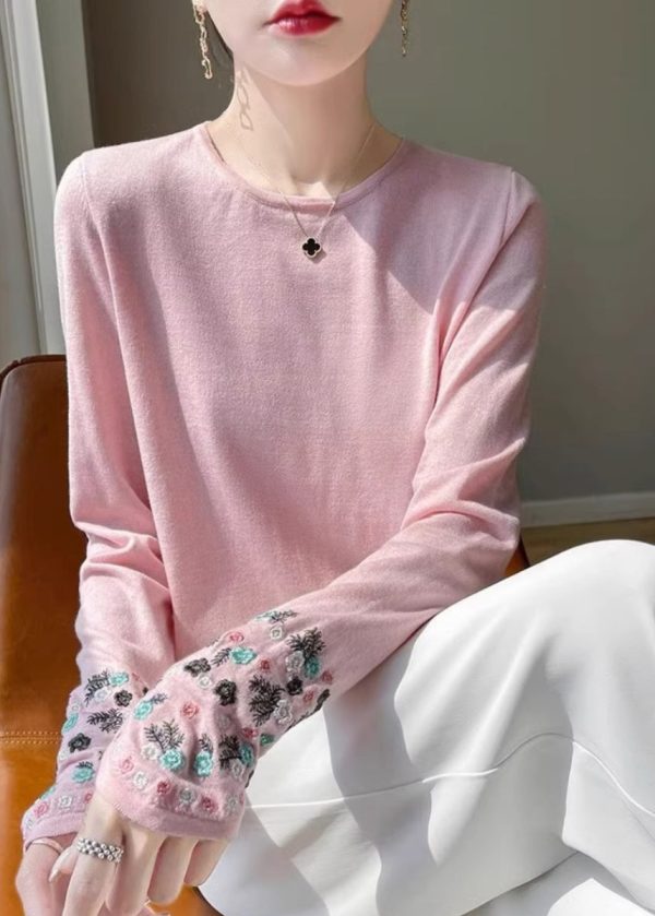 Fitted Pink Embroidered Thin Woolen Sweaters Spring - Image 5
