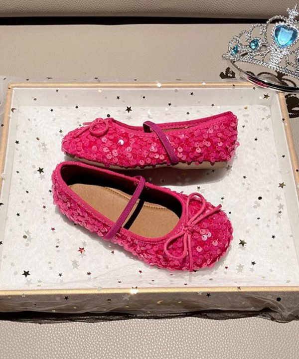Fitted Red Sequins Kids Flat Shoes Lace Up - Image 5