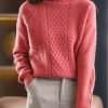 Fitted Rubber Red Hign Neck Thick Woolen Knit Pullover Spring