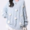 Fitted Sky Blue Cold Shoulder Floral Knit Pullover Spring