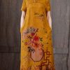 Fitted Yellow Mandarin Collar Print Pockets Silk Long Dresses Short Sleeve
